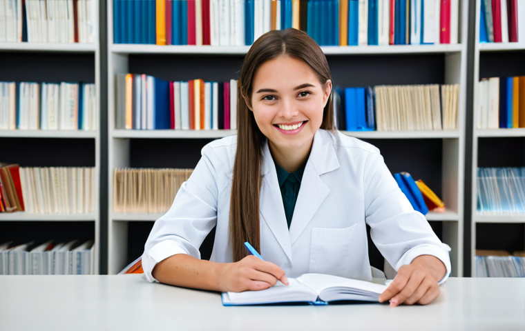 A diligent adult dental hygiene student, fully clothed in modest, professional attire, sits at a clean, organized desk in a well-lit study room. She is focused on a stack of flashcards and an open textbook, actively engaging in spaced repetition. The background shows blurred bookshelves and a subtle desk lamp. Perfect anatomy, natural pose, correct proportions, well-formed hands, proper finger count, natural body proportions, professional photography, high quality, realistic, safe for work, appropriate content, family-friendly.