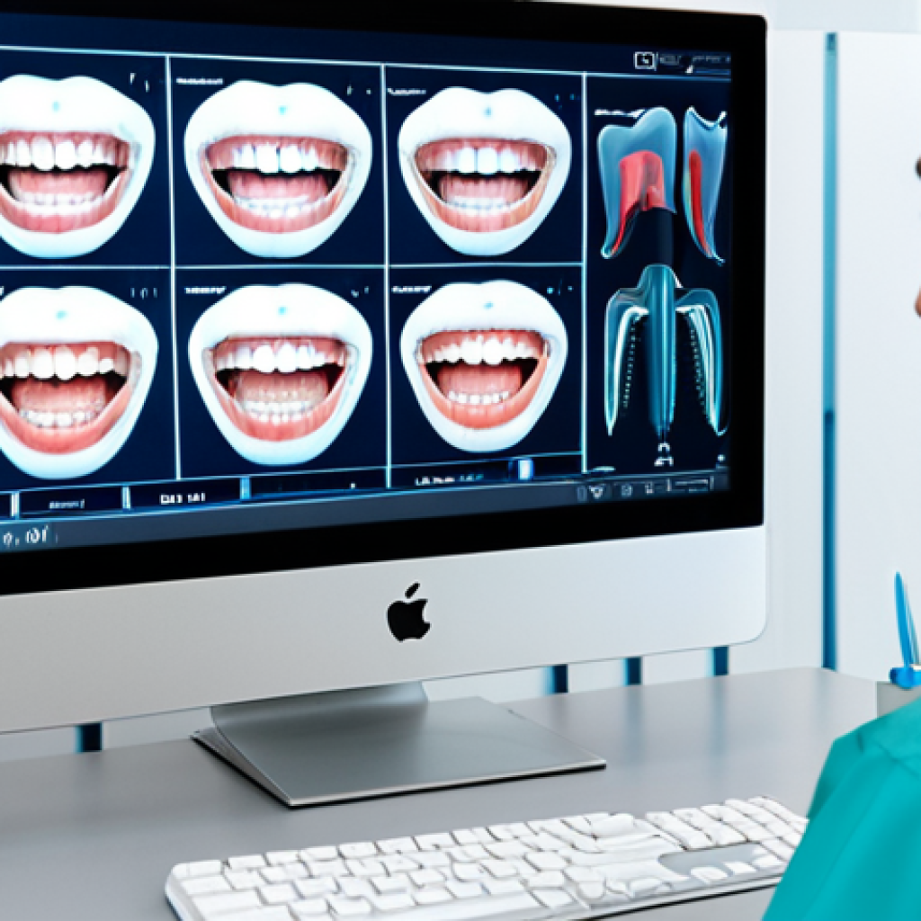 A professional dental hygienist, fully clothed in modest scrubs, meticulously examining advanced AI-powered diagnostic images of teeth and gums on a large, high-resolution monitor in a brightly lit, modern dental office. The screen displays intricate digital overlays highlighting potential areas of concern. The hygienist is focused, with a calm and confident expression. The environment is clean and organized, featuring subtle dental equipment in the background. perfect anatomy, correct proportions, well-formed hands, natural pose, professional photography, high detail, sharp focus, safe for work, appropriate content, family-friendly.