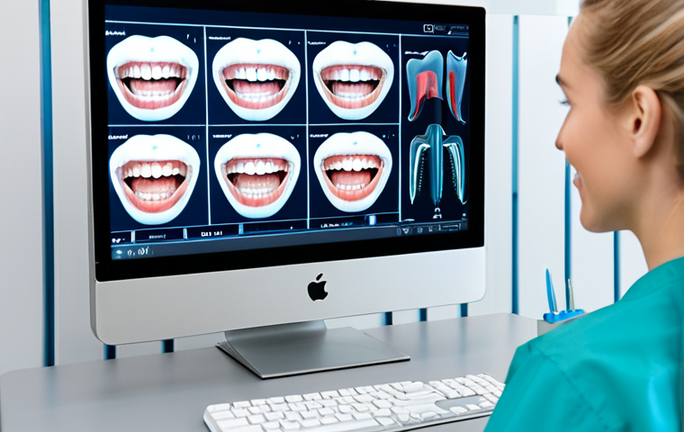 A professional dental hygienist, fully clothed in modest scrubs, meticulously examining advanced AI-powered diagnostic images of teeth and gums on a large, high-resolution monitor in a brightly lit, modern dental office. The screen displays intricate digital overlays highlighting potential areas of concern. The hygienist is focused, with a calm and confident expression. The environment is clean and organized, featuring subtle dental equipment in the background. perfect anatomy, correct proportions, well-formed hands, natural pose, professional photography, high detail, sharp focus, safe for work, appropriate content, family-friendly.