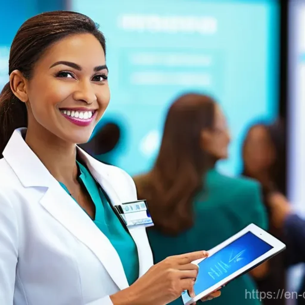 치과위생사 해외 학술대회 준비 - **Prompt:** A dynamic, wide shot of a female dental hygienist, mid-30s, with a warm, engaging smile,...