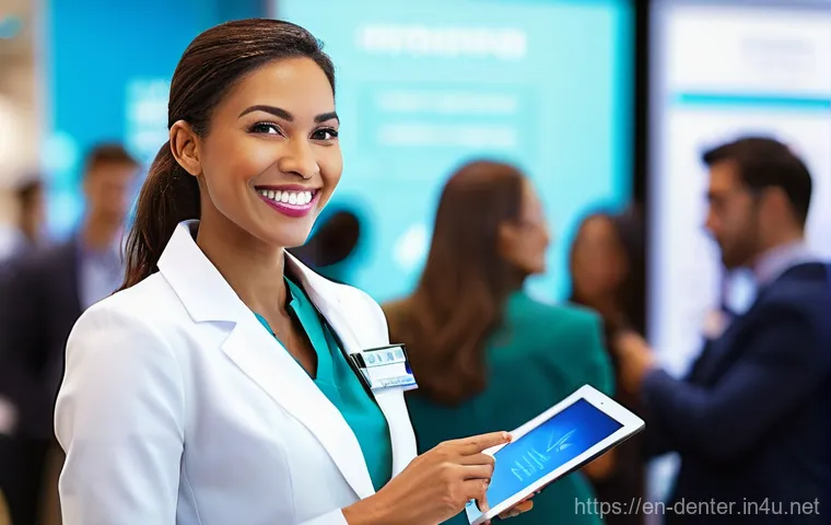 치과위생사 해외 학술대회 준비 - **Prompt:** A dynamic, wide shot of a female dental hygienist, mid-30s, with a warm, engaging smile,...
