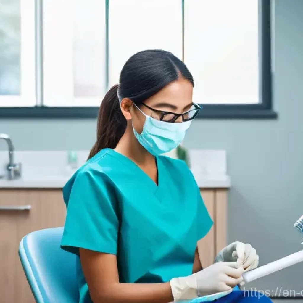치과위생사 자격증과 경력 관리법 - A professional and friendly female dental hygienist, wearing a clean, light blue scrub top and dark ...