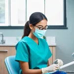 치과위생사 자격증과 경력 관리법 - A professional and friendly female dental hygienist, wearing a clean, light blue scrub top and dark ...