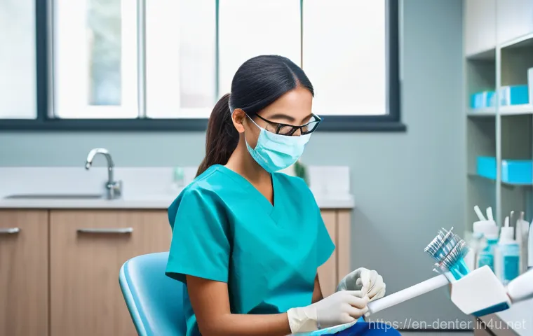 치과위생사 자격증과 경력 관리법 - A professional and friendly female dental hygienist, wearing a clean, light blue scrub top and dark ...