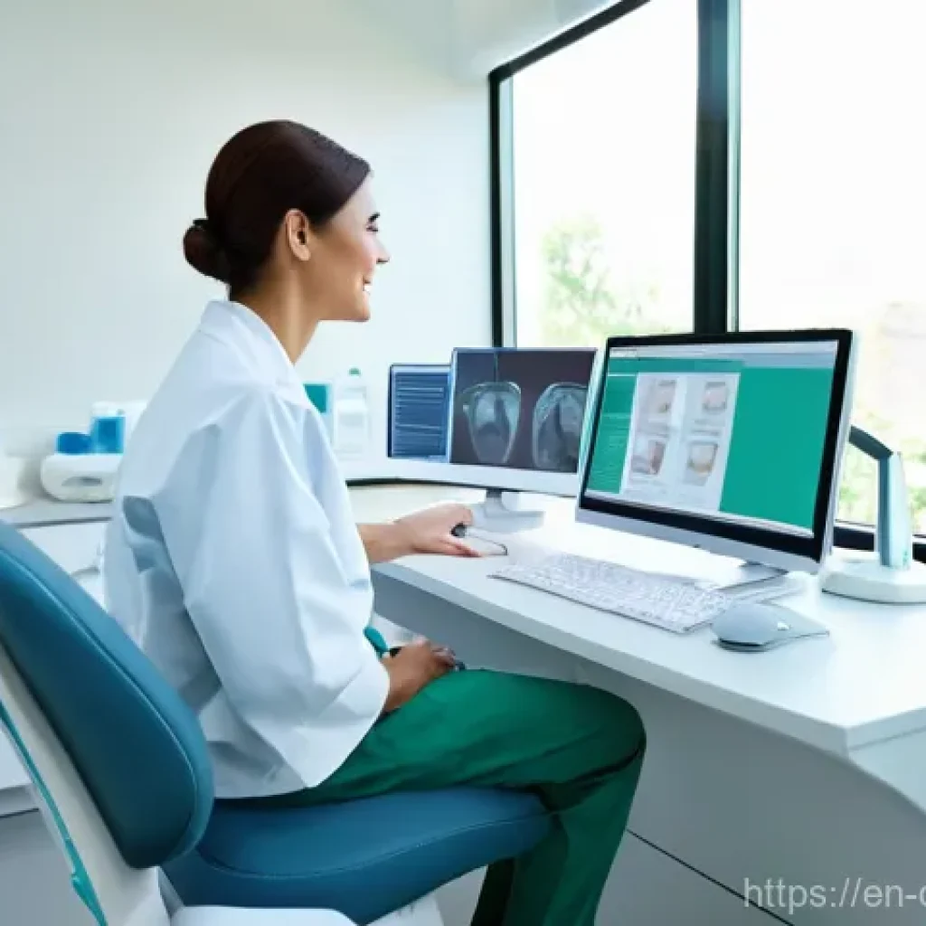 치과위생사 환자 데이터 보안 - A professional, female dental hygienist in her late 20s, with a warm and reassuring expression, is s...