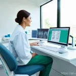 치과위생사 환자 데이터 보안 - A professional, female dental hygienist in her late 20s, with a warm and reassuring expression, is s...