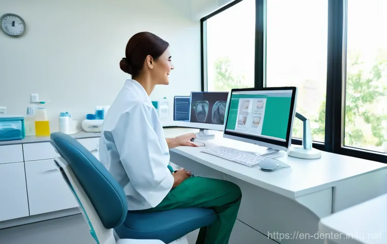 치과위생사 환자 데이터 보안 - A professional, female dental hygienist in her late 20s, with a warm and reassuring expression, is s...