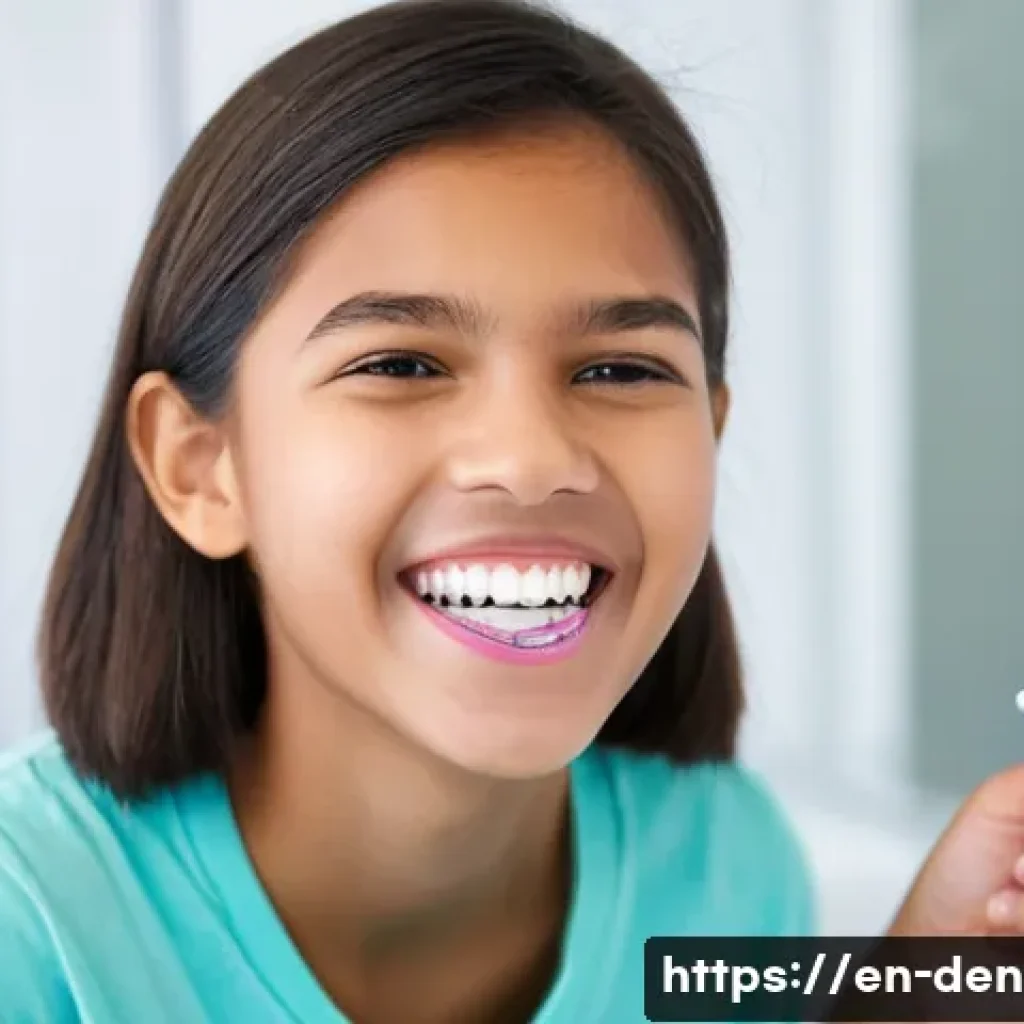 치과위생사 교정 장치 관리 방법 - **Prompt:** A cheerful, diverse teenager, around 15-16 years old, with traditional metal braces, is ...