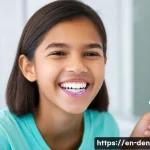 치과위생사 교정 장치 관리 방법 - **Prompt:** A cheerful, diverse teenager, around 15-16 years old, with traditional metal braces, is ...