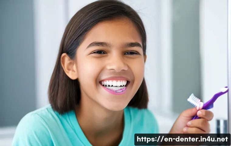 치과위생사 교정 장치 관리 방법 - **Prompt:** A cheerful, diverse teenager, around 15-16 years old, with traditional metal braces, is ...