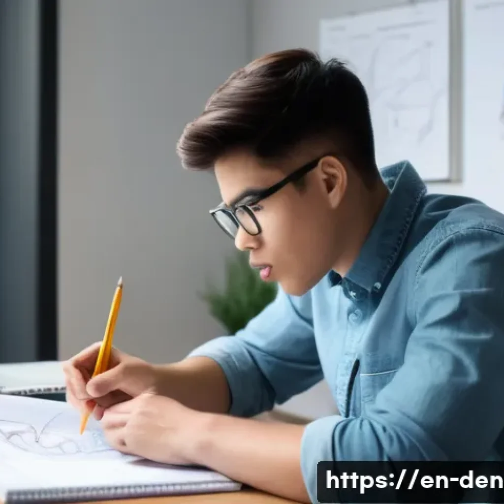 치과위생사 국가고시 준비 방법 - A focused study scene in a modern home office with a young adult student actively drawing detailed a...