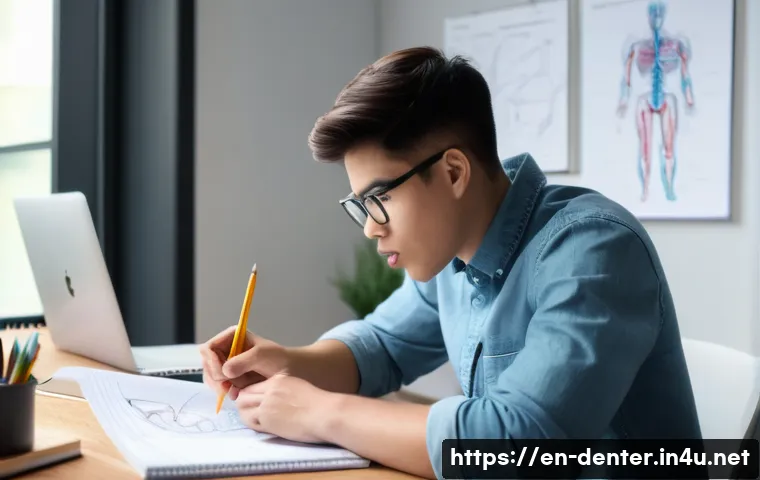 치과위생사 국가고시 준비 방법 - A focused study scene in a modern home office with a young adult student actively drawing detailed a...
