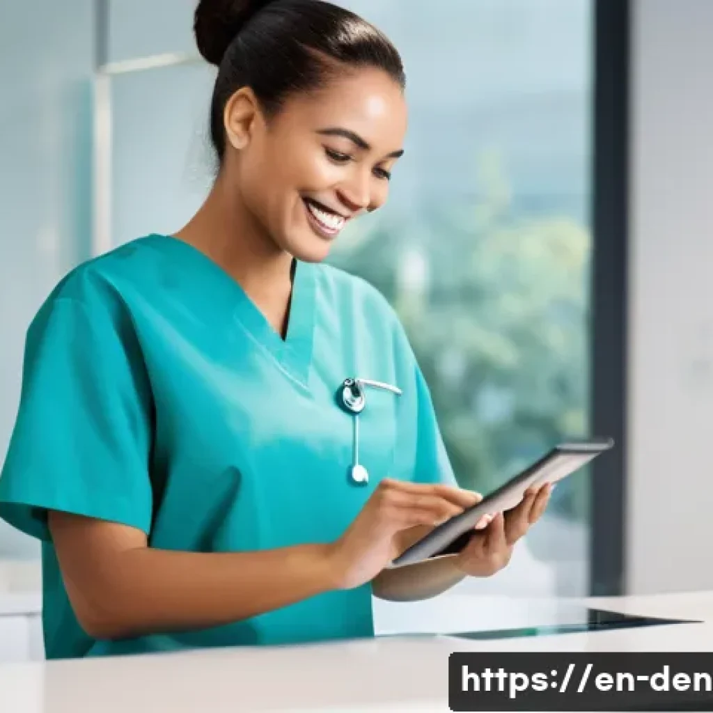 치과위생사와 병원 수익 개선 사례 - A modern dental clinic reception area featuring a friendly dental hygienist assisting a diverse adul...