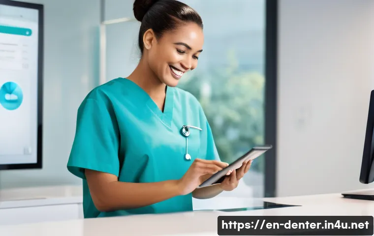 치과위생사와 병원 수익 개선 사례 - A modern dental clinic reception area featuring a friendly dental hygienist assisting a diverse adul...