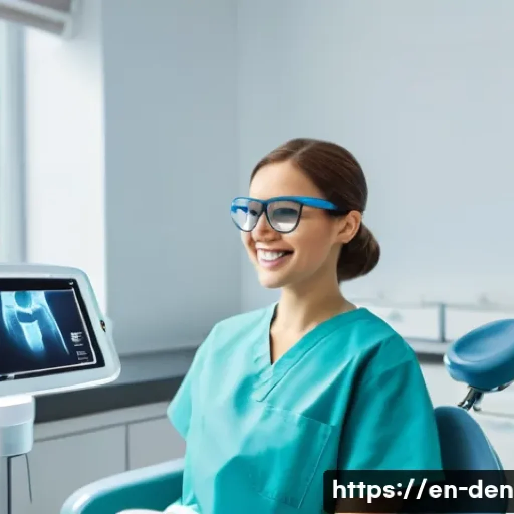 치과위생사 신규 채용 조건 - A bright, modern dental clinic scene showing a young female dental hygienist wearing scrubs and prot...