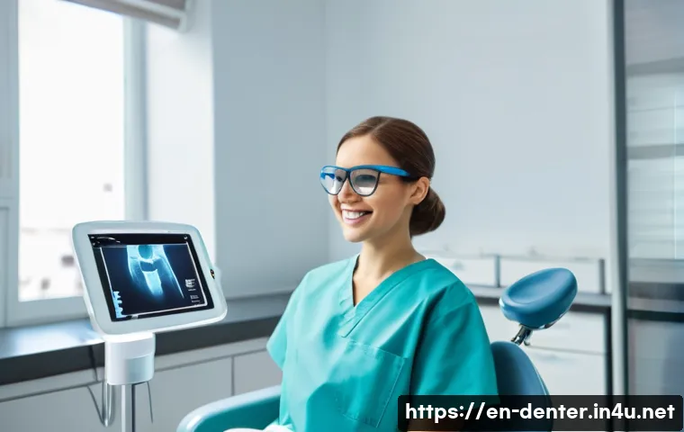 치과위생사 신규 채용 조건 - A bright, modern dental clinic scene showing a young female dental hygienist wearing scrubs and prot...
