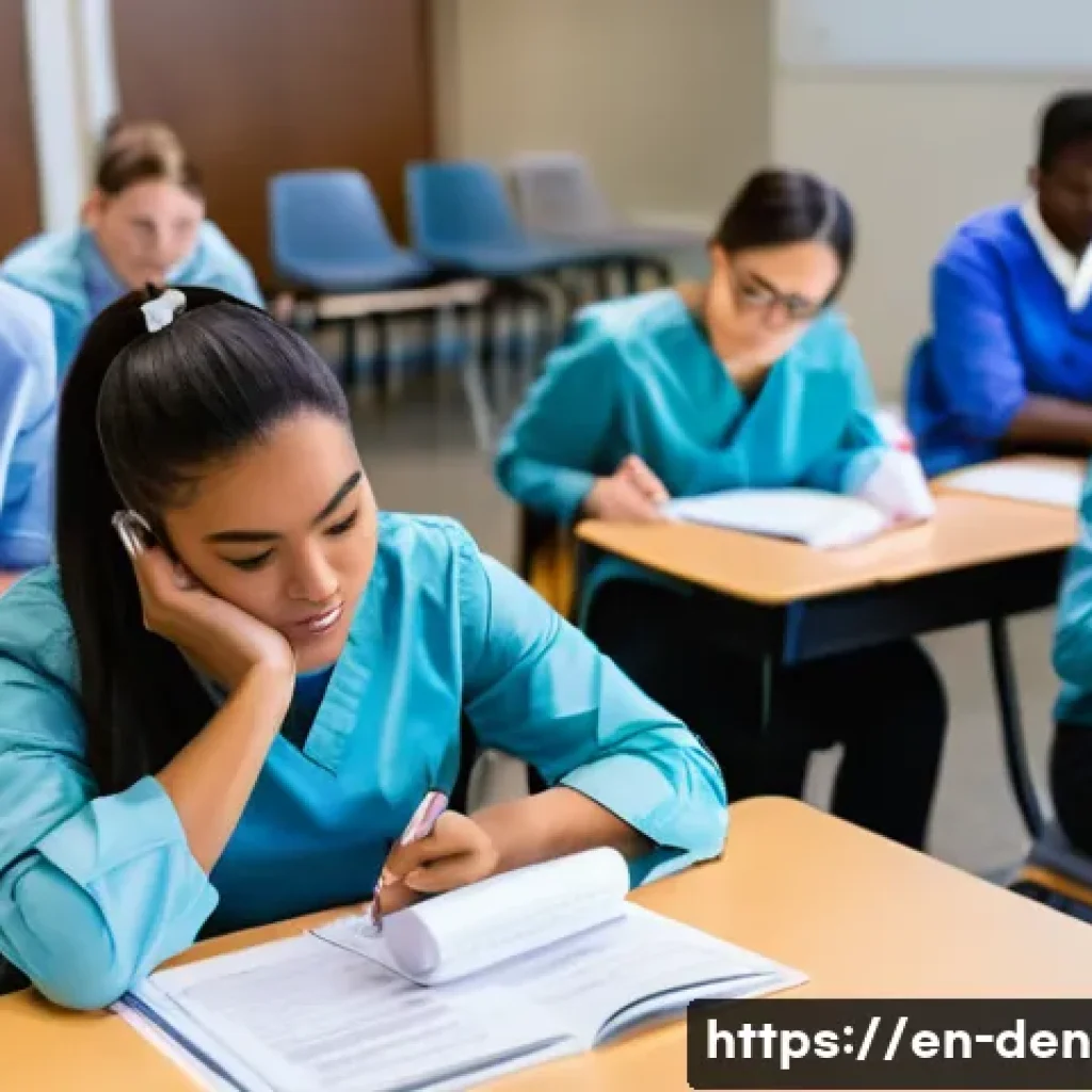 치과위생사 필기시험 문제 유형 - A detailed classroom scene showing a diverse group of adult dental hygiene students attentively taki...