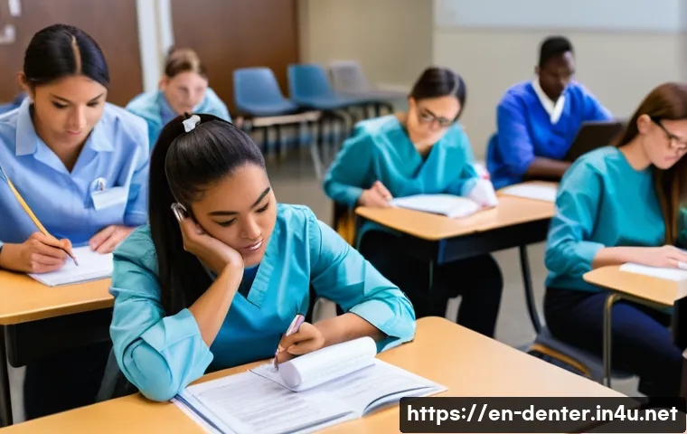치과위생사 필기시험 문제 유형 - A detailed classroom scene showing a diverse group of adult dental hygiene students attentively taki...