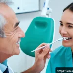 Home 22 치과위생사 환자 사례 연구 - A compassionate dental hygienist gently explaining oral care techniques to a middle-aged smoker pati...