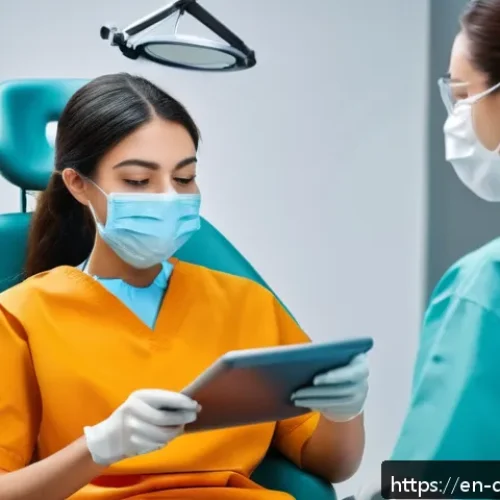 Home 32 치과위생사 인턴십 경험 공유 - A compassionate dental hygienist wearing professional scrubs and a surgical mask gently talking to a...