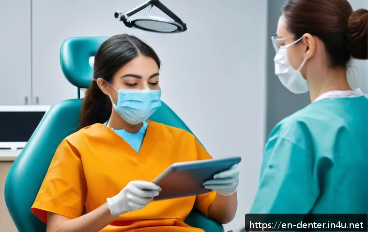 치과위생사 인턴십 경험 공유 - A compassionate dental hygienist wearing professional scrubs and a surgical mask gently talking to a...