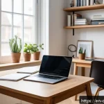 Home 19 치과위생사 시험 합격 꿀팁 - A modern, minimalist study room with a clean, organized desk featuring only essential study material...
