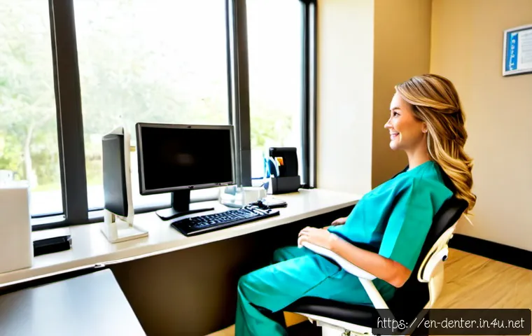 Home 17 치과위생사 직업 윤리 사례 - Photorealistic dental hygienist in a clean modern American dental clinic, calmly protecting patient ...