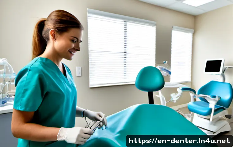 치과위생사 연차별 직무 변화 - Photorealistic modern dental clinic, early-career dental hygienist in clean professional scrubs care...