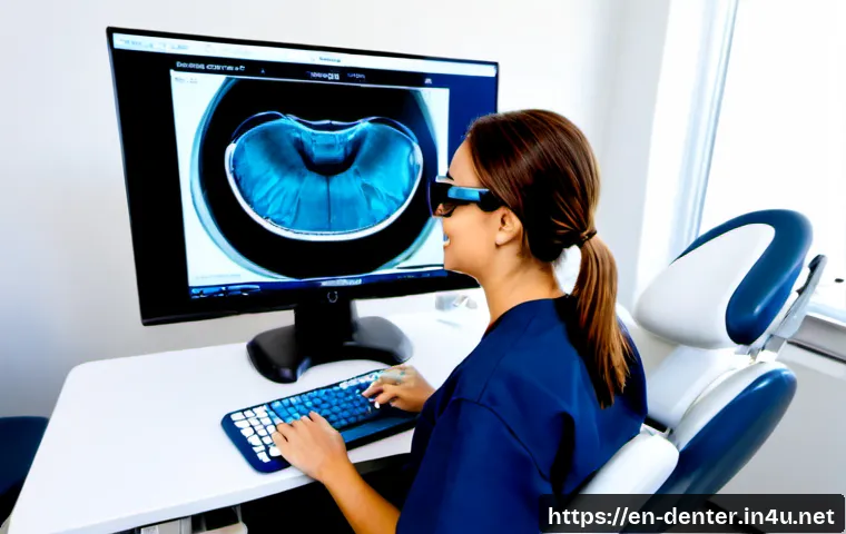 치과위생사 미래 기술 변화 대응법 - Photorealistic modern dental clinic, confident dental hygienist wearing clean navy scrubs and protec...
