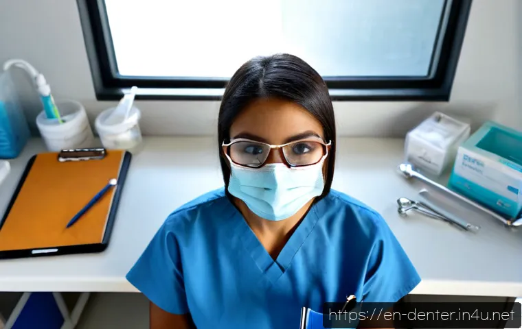 치과위생사 실기시험 준비 체크리스트 - Photorealistic overhead view of a dental hygiene student preparing for a clinical practical exam, ne...